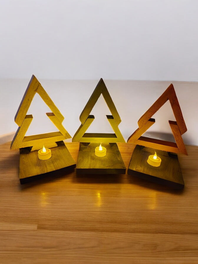 Wooden Christmas Tree Candle Set